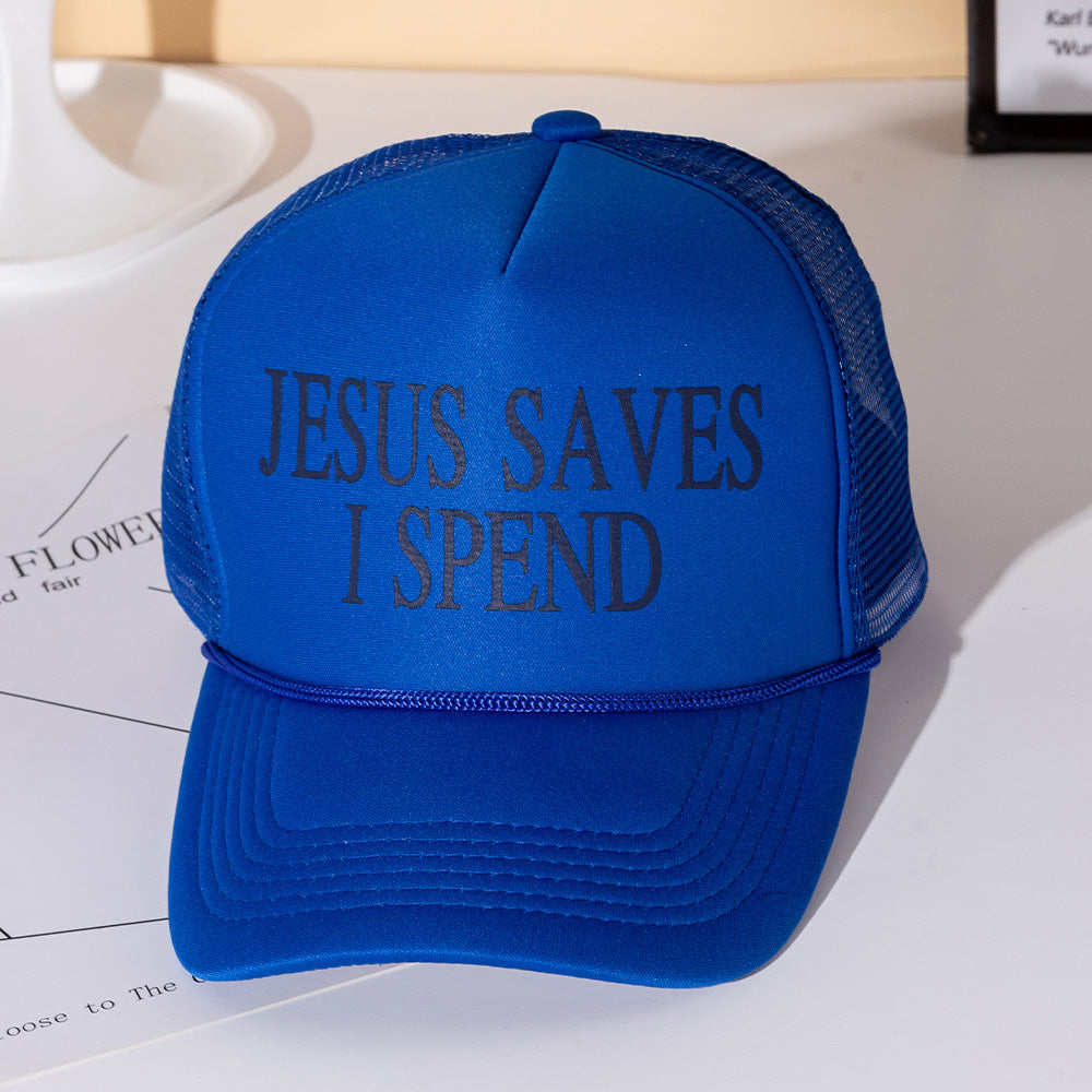 Madeline Love Blue JESUS SAVES I SPEND Message Printed Five Panel Mesh Back Trucker Hat - Hats