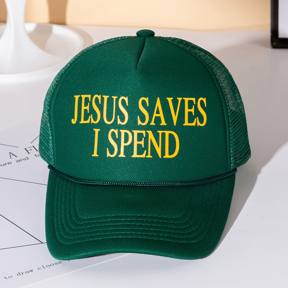 Madeline Love Green JESUS SAVES I SPEND Message Printed Five Panel Mesh Back Trucker Hat - Hats
