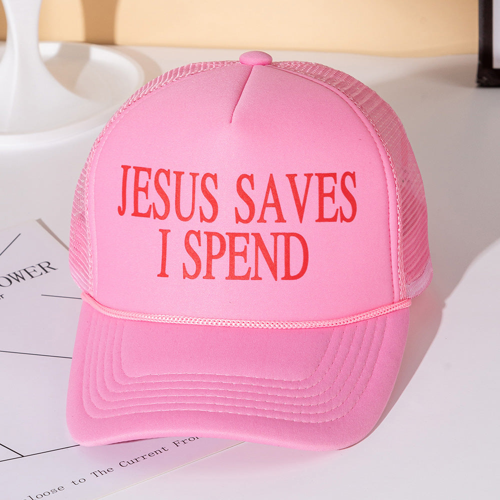 Madeline Love Pink JESUS SAVES I SPEND Message Printed Five Panel Mesh Back Trucker Hat - Hats