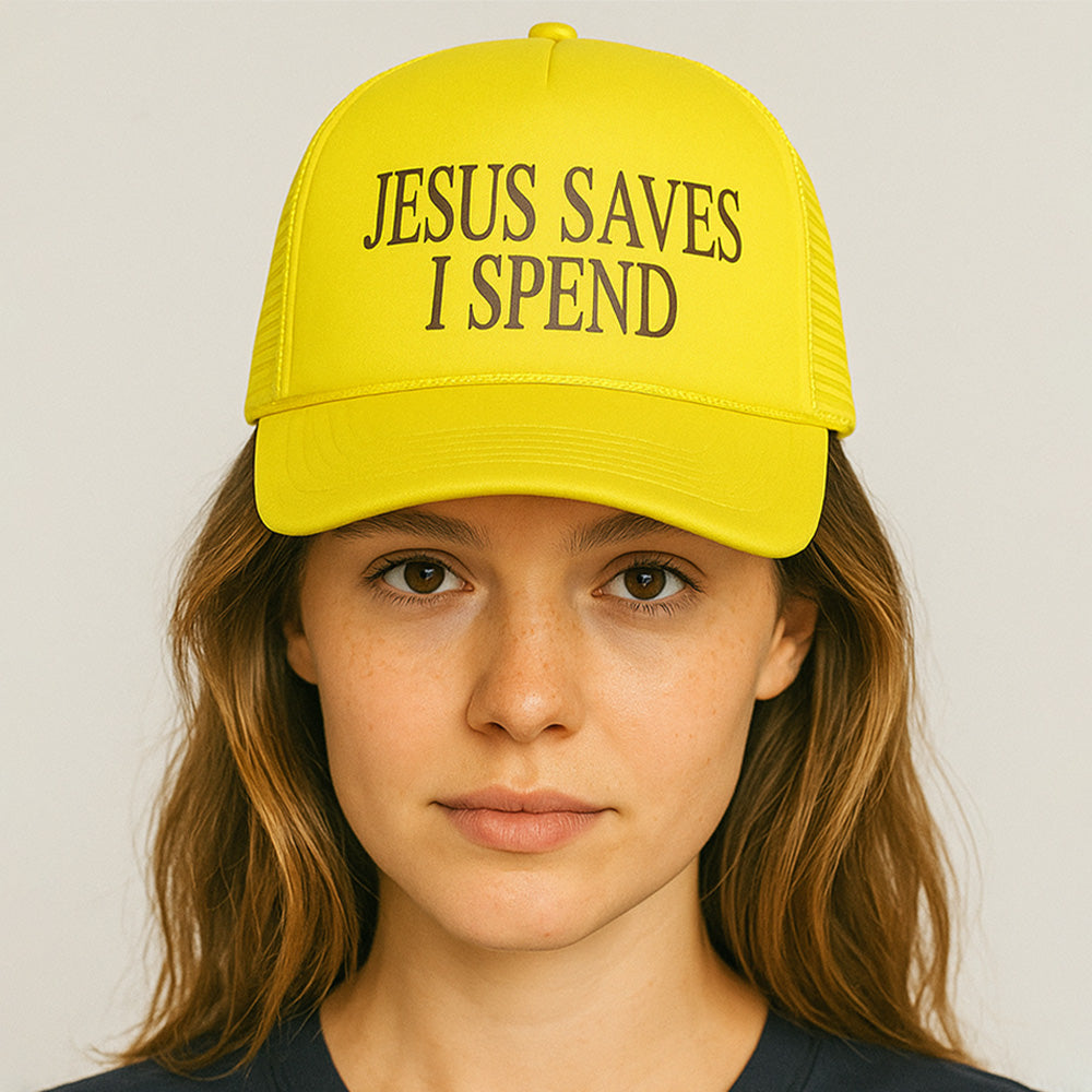Madeline Love Yellow JESUS SAVES I SPEND Message Printed Five Panel Mesh Back Trucker Hat - Hats