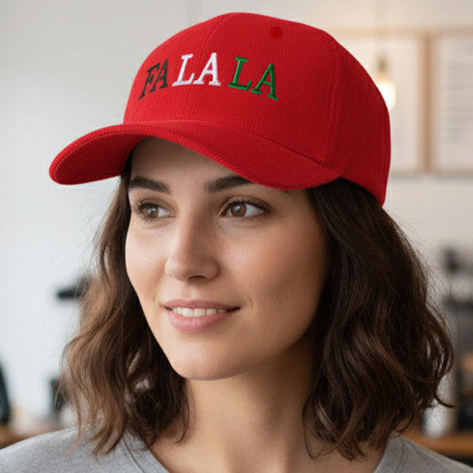 Madeline Love Red FA LA LA Message Embroidered Five Panel Canvas Snapback Baseball Cap - Hats
