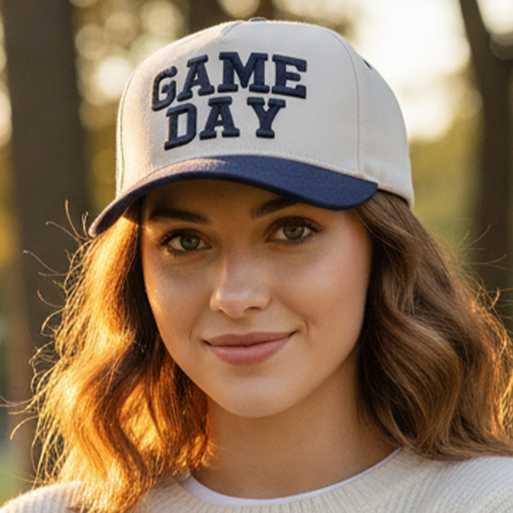 Madeline Love Navy GAME DAY Message Embroidered Five Panel Canvas Snapback Baseball Cap - Hats