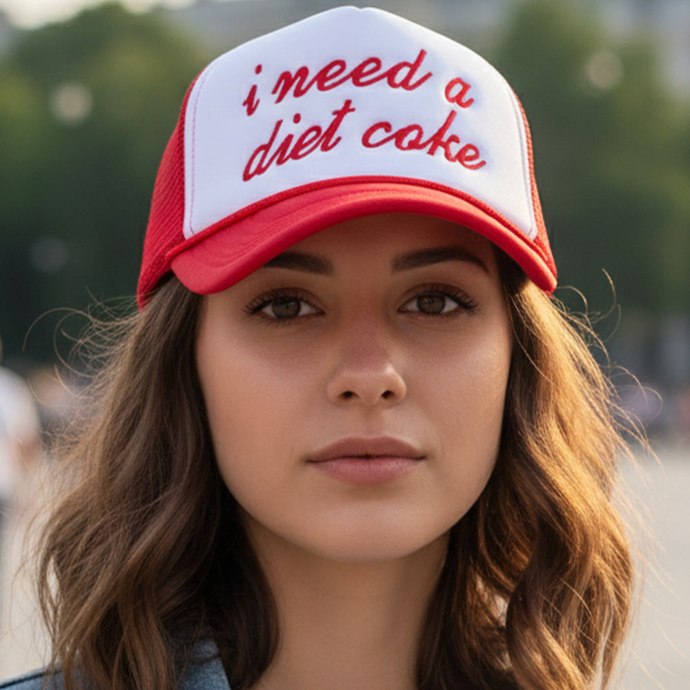 Madeline Love Red I NEED A DIET COKE Message Embroidered Mesh Back Trucker Cap - Hats