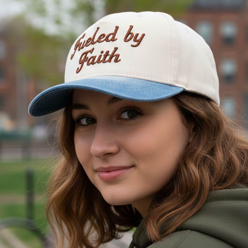 Madeline Love Blue FUELED BY FAITH Message Embroidered Baseball Cap - Hats