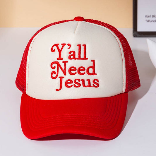 Madeline Love Red YALL NEED JESUS Message Embroidered Mesh Back Trucker Hat - Hats