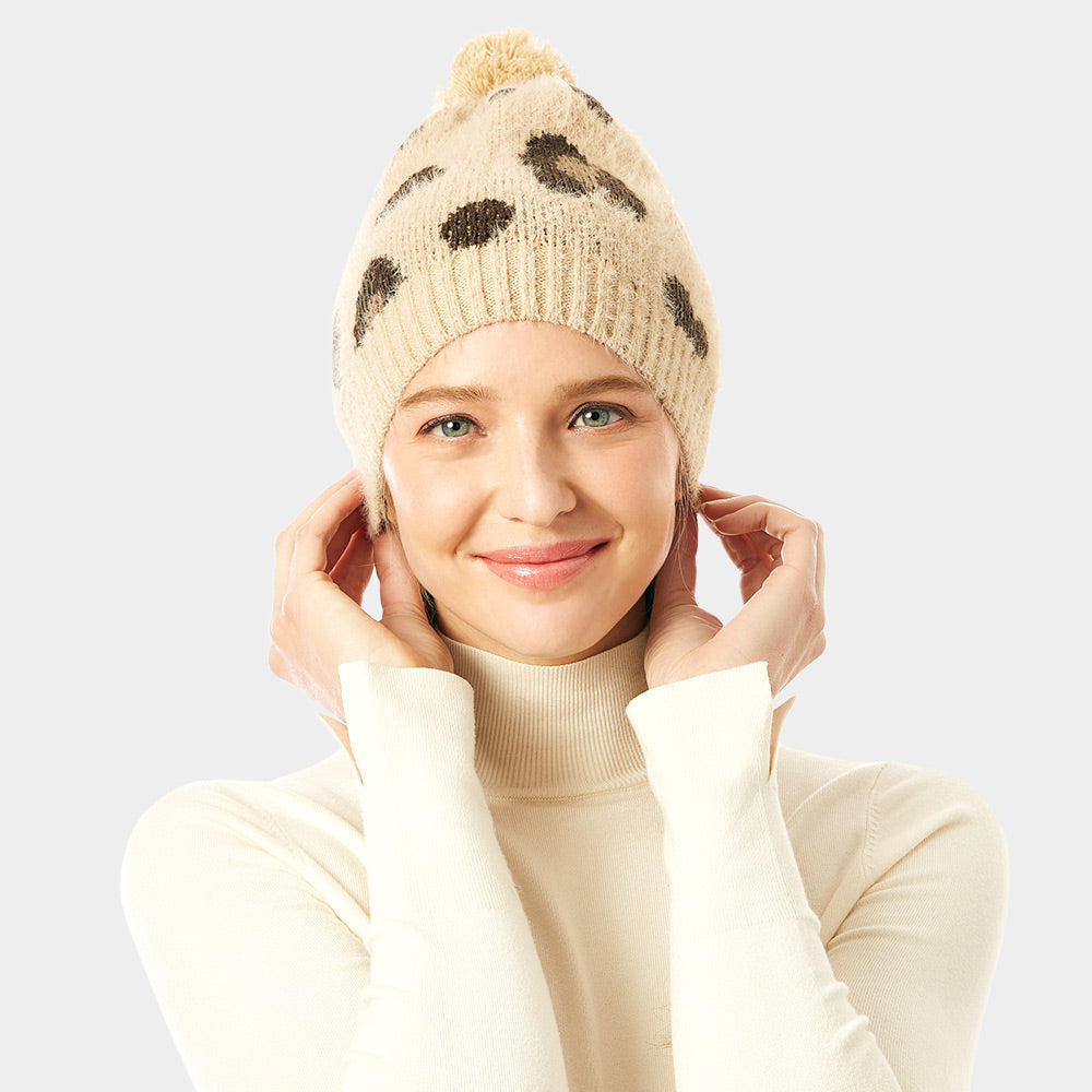 Beige Soft Fuzzy Leopard Print Beanie Hat With Pom Pom