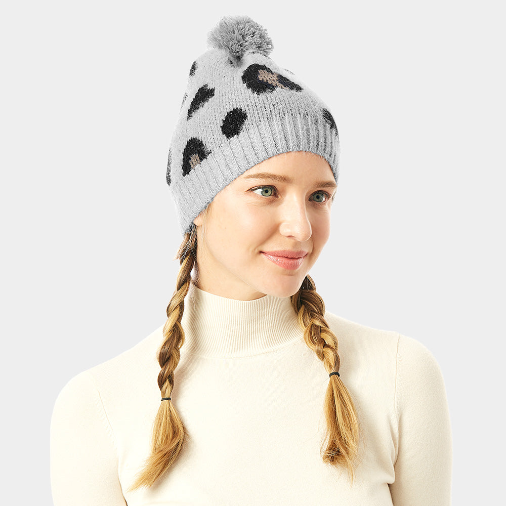 Gray Soft Fuzzy Leopard Print Beanie Hat With Pom Pom