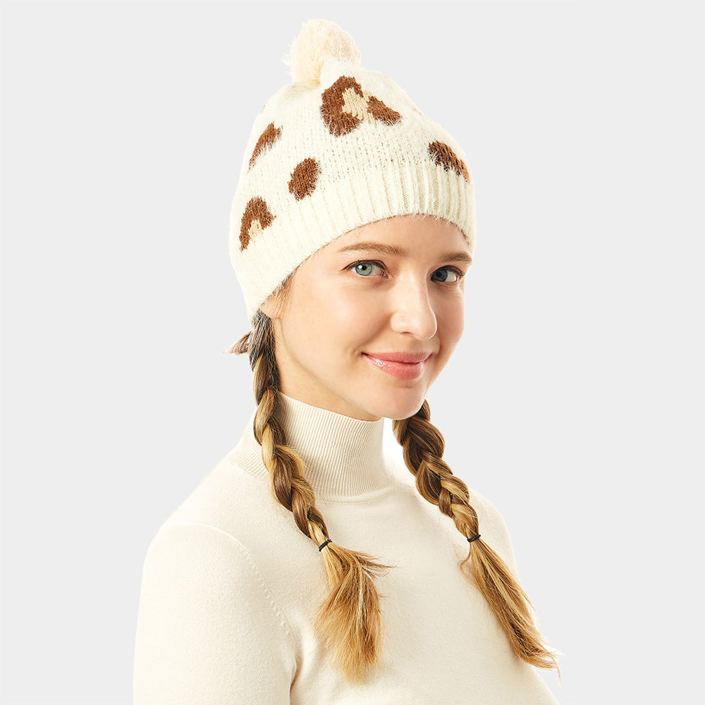 Ivory Soft Fuzzy Leopard Print Beanie Hat With Pom Pom