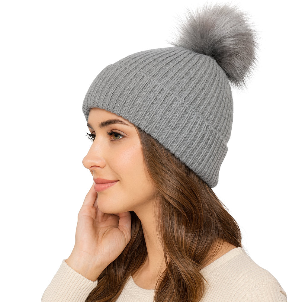 Madeline Love Gray Genuine Fox Fur Pom Pom Ribbed Knit Winter Beanie Hat - Hats