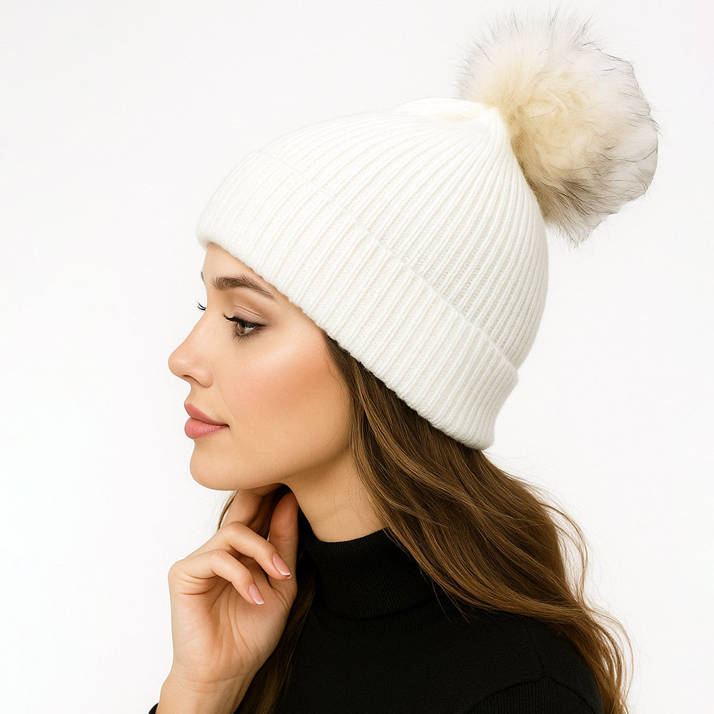 Madeline Love White Genuine Fox Fur Pom Pom Ribbed Knit Winter Beanie Hat - Hats
