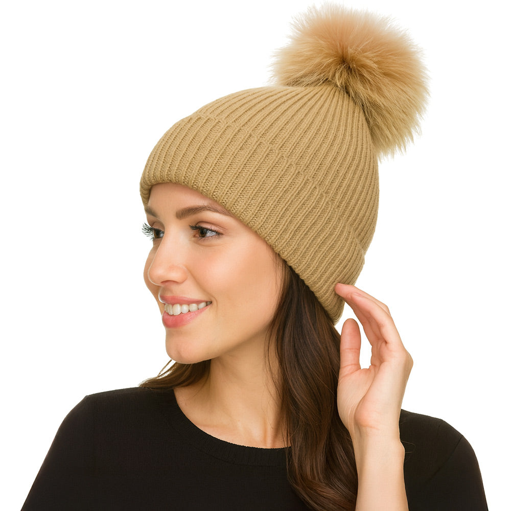 Madeline Love Taupe Genuine Fox Fur Pom Pom Ribbed Knit Winter Beanie Hat - Hats