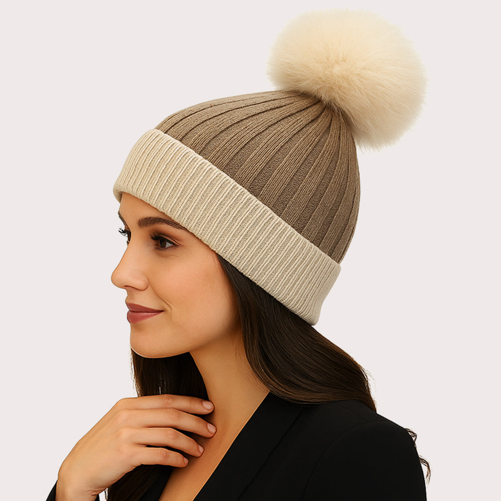 Madeline Love Beige Two Tone Real Fur Pom Knit Winter Beanie Hat - Hats