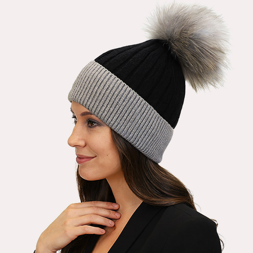 Madeline Love Black Two Tone Real Fur Pom Knit Winter Beanie Hat - Hats