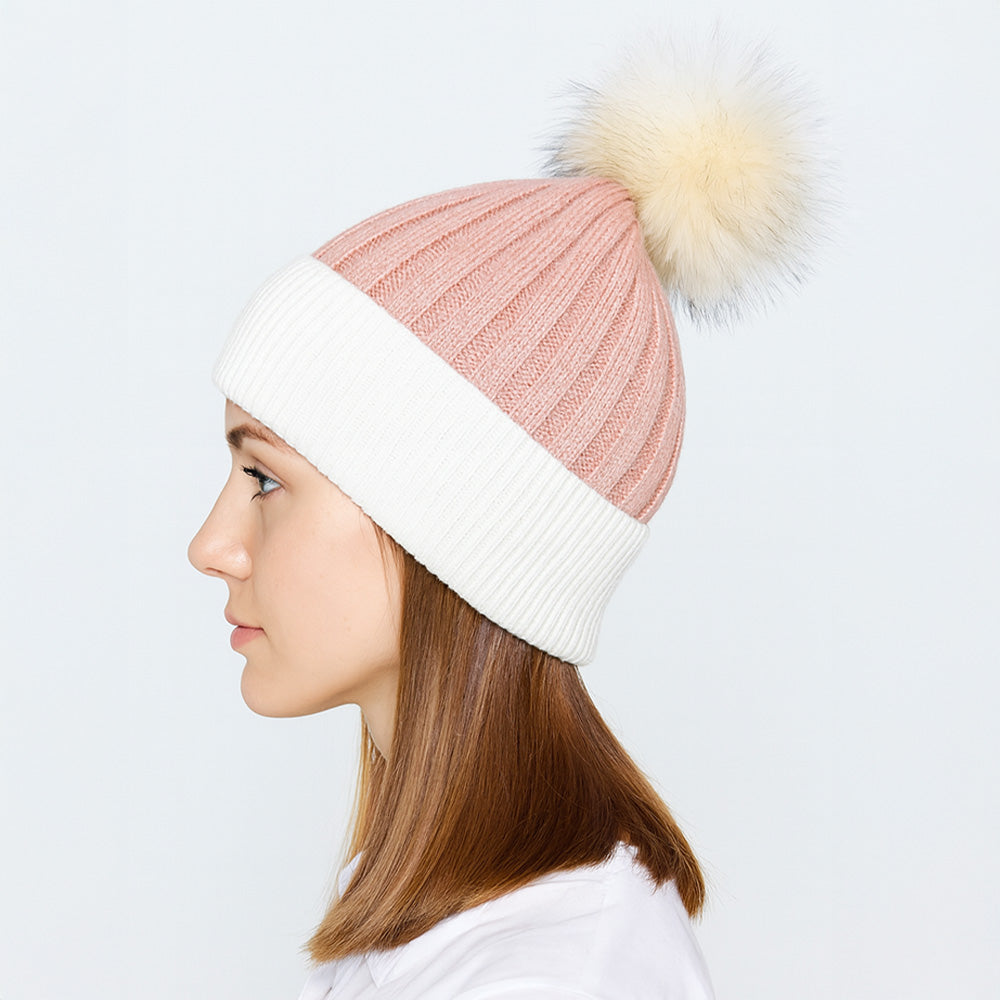 Madeline Love Pink Two Tone Real Fur Pom Knit Winter Beanie Hat - Hats