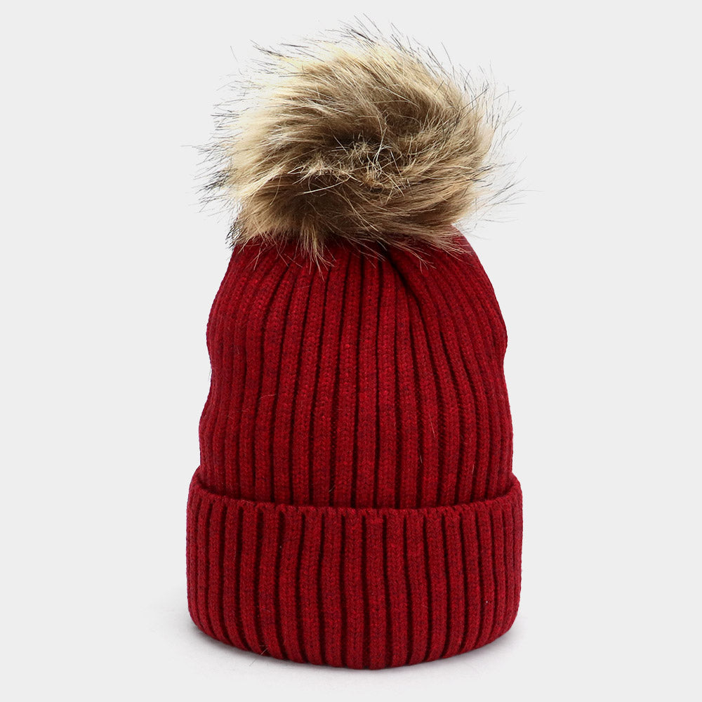 Burgundy Soft Knit Faux Pom Pom Beanie Hat