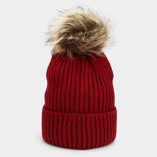Burgundy Soft Knit Faux Pom Pom Beanie Hat