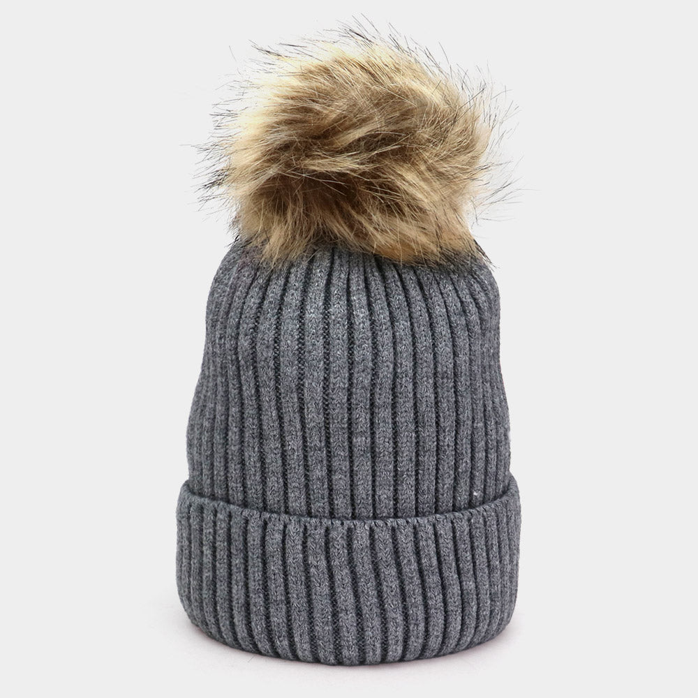 Gray Soft Knit Faux Pom Pom Beanie Hat