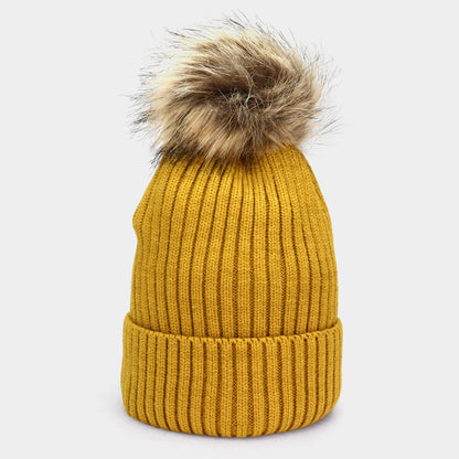 Mustard Soft Knit Faux Pom Pom Beanie Hat
