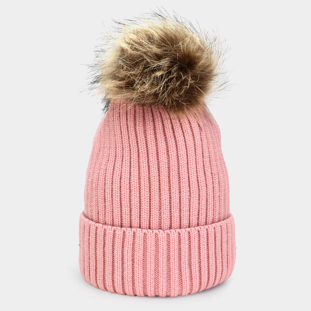 Pink Soft Knit Faux Pom Pom Beanie Hat
