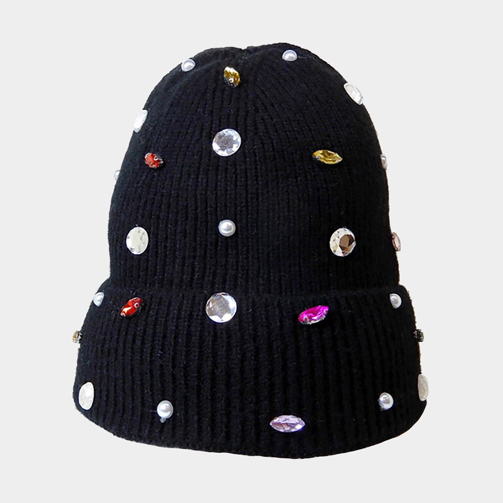 Black Pearl Jewel Embellished Fleece Lining Knit Beanie Hat