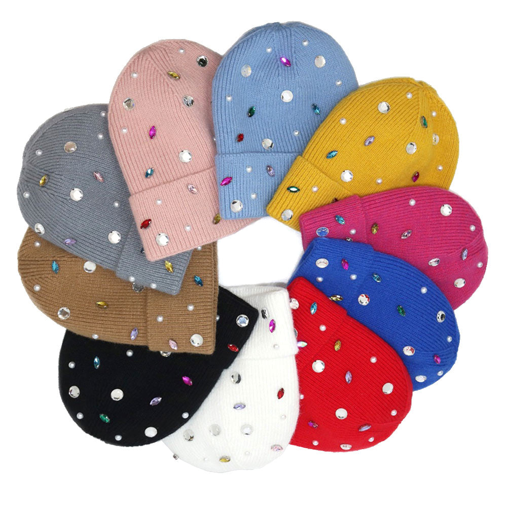 Pearl Jewel Embellished Fleece Lining Knit Beanie Hat - Beanies