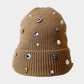 Brown Pearl Jewel Embellished Fleece Lining Knit Beanie Hat