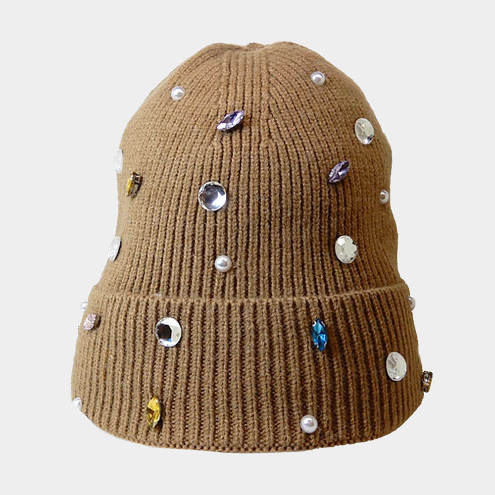 Brown Pearl Jewel Embellished Fleece Lining Knit Beanie Hat