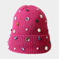Fuchsia Pearl Jewel Embellished Fleece Lining Knit Beanie Hat