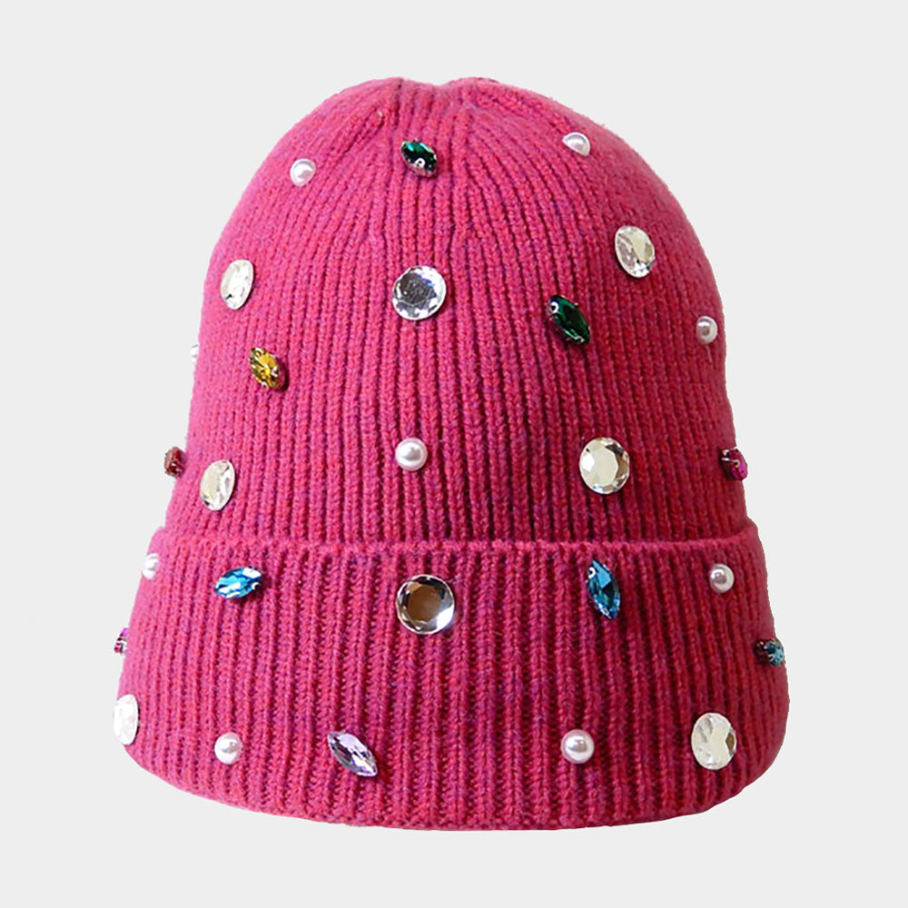 Fuchsia Pearl Jewel Embellished Fleece Lining Knit Beanie Hat