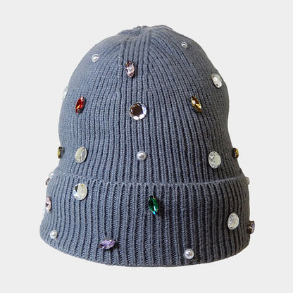Gray Pearl Jewel Embellished Fleece Lining Knit Beanie Hat