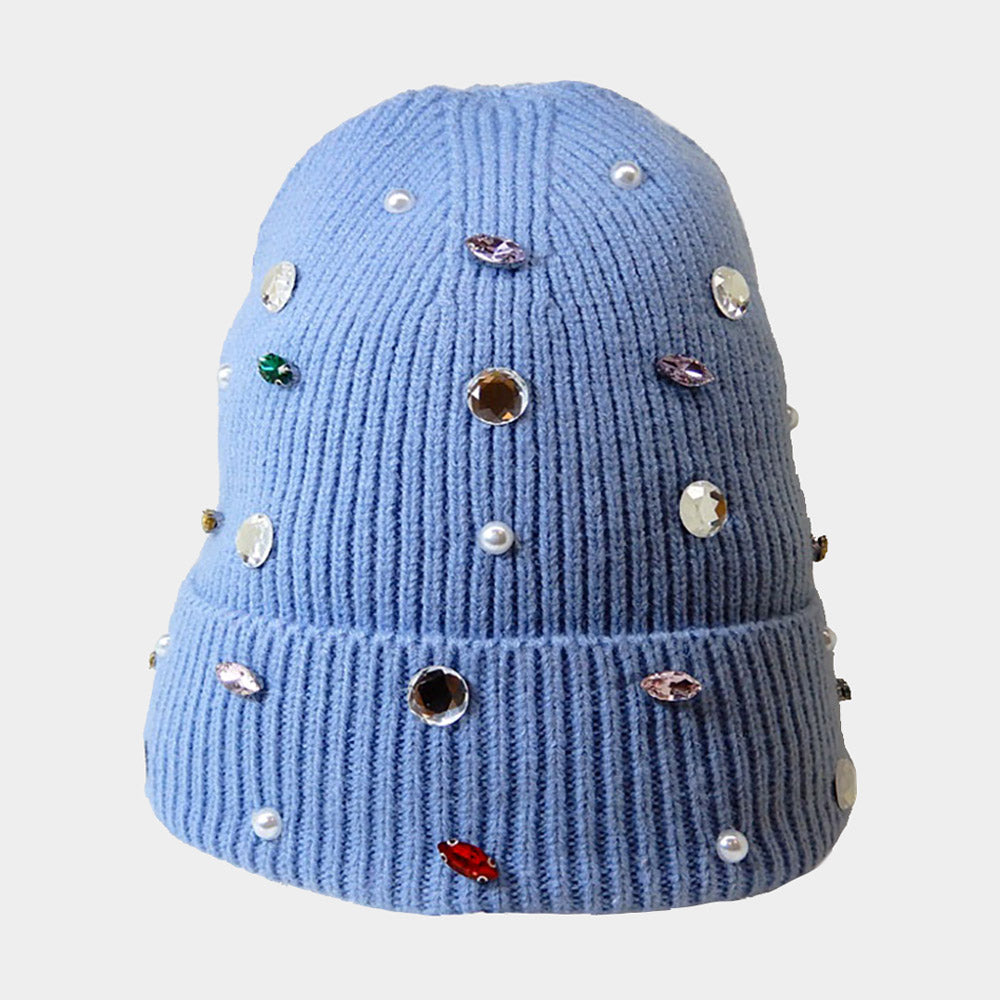 Light Blue Pearl Jewel Embellished Fleece Lining Knit Beanie Hat