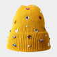 Mustard Pearl Jewel Embellished Fleece Lining Knit Beanie Hat