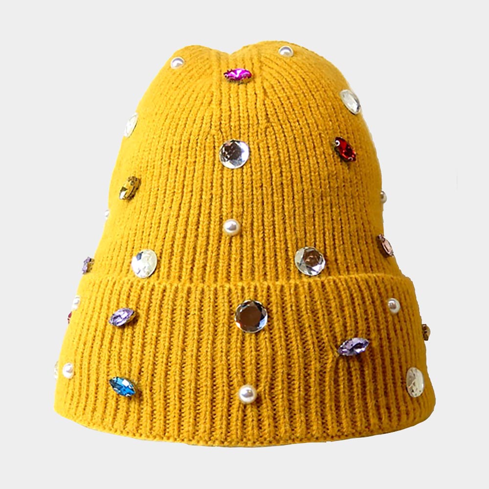 Mustard Pearl Jewel Embellished Fleece Lining Knit Beanie Hat