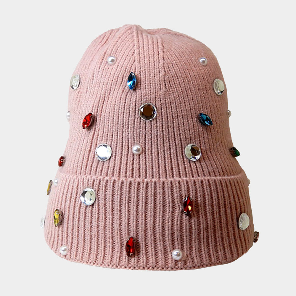 Pink Pearl Jewel Embellished Fleece Lining Knit Beanie Hat
