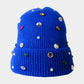 Royal Blue Pearl Jewel Embellished Fleece Lining Knit Beanie Hat