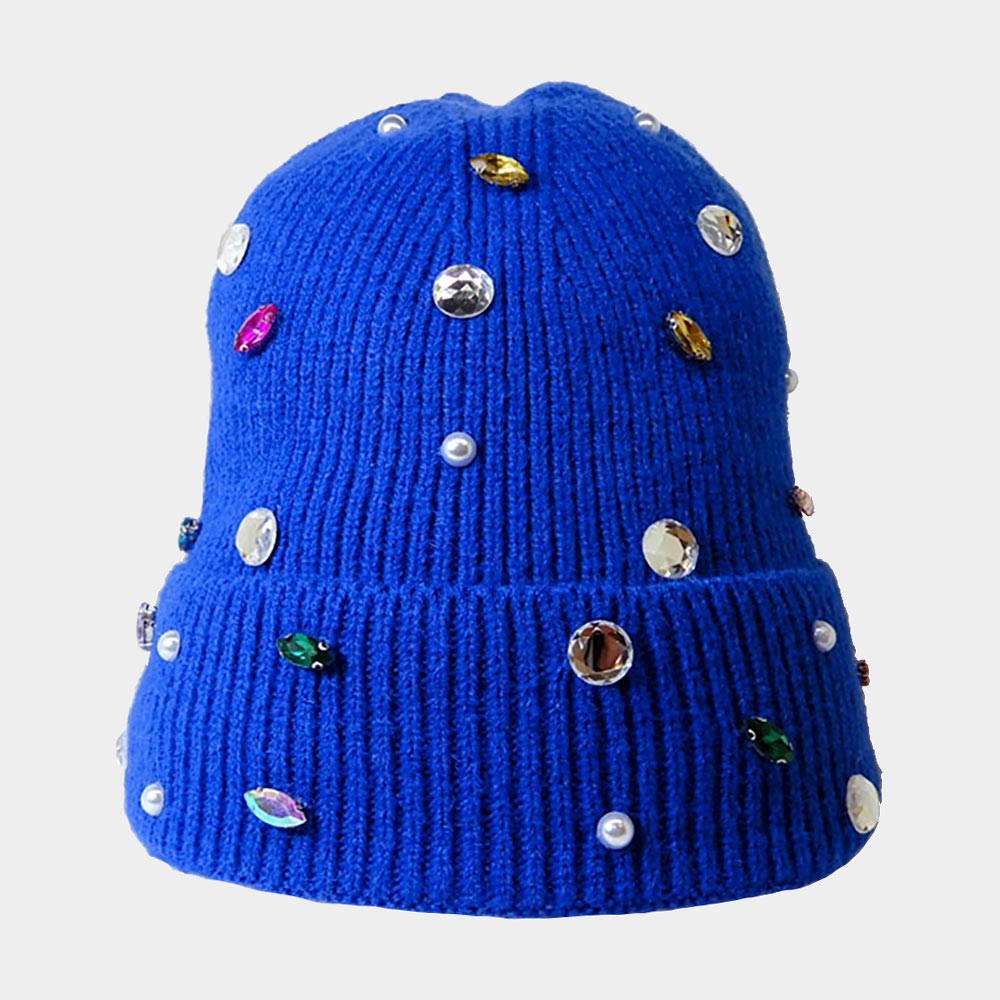 Royal Blue Pearl Jewel Embellished Fleece Lining Knit Beanie Hat