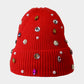 Pearl Jewel Embellished Fleece Lining Knit Beanie Hat - Red - Beanies