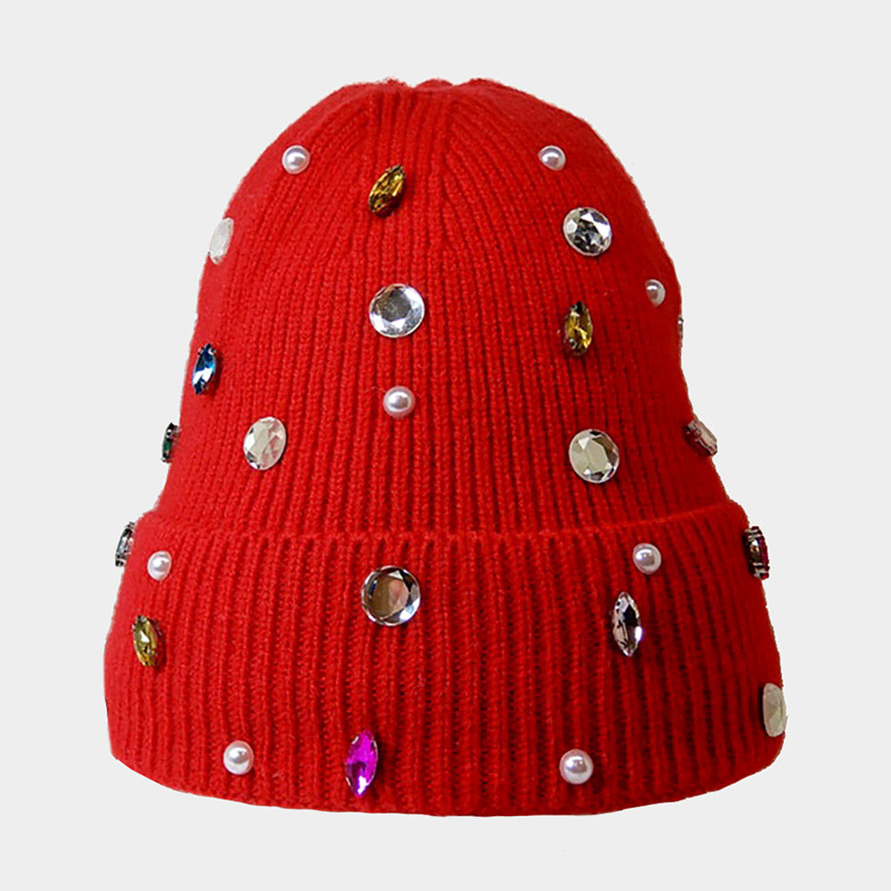 Pearl Jewel Embellished Fleece Lining Knit Beanie Hat - Red - Beanies