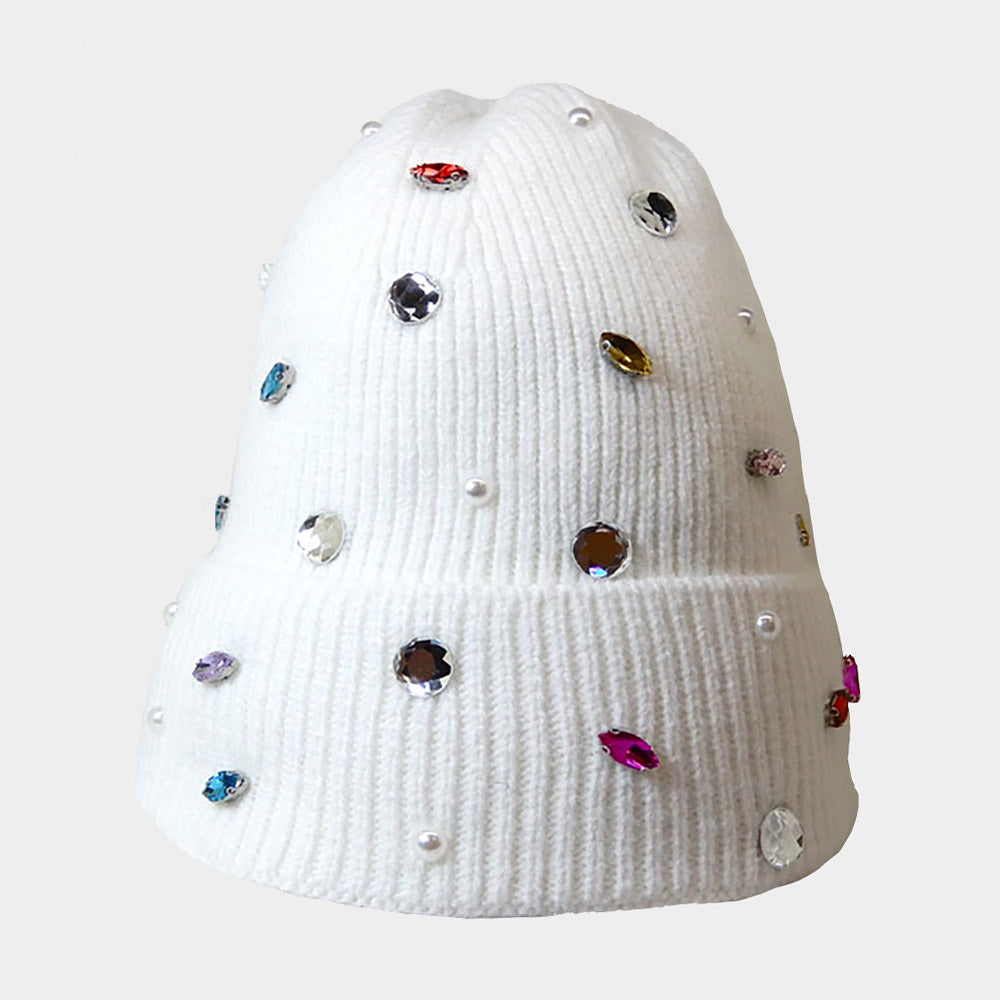 White Pearl Jewel Embellished Fleece Lining Knit Beanie Hat