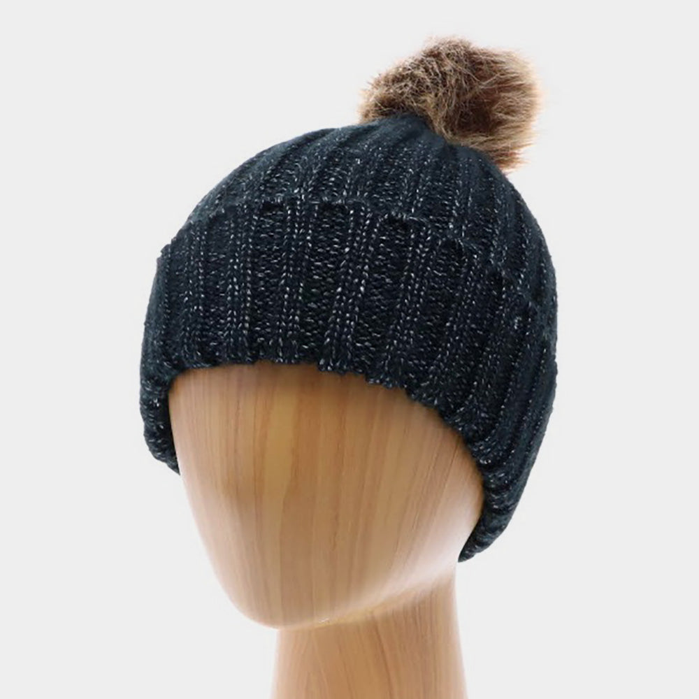Black Soft Knit Faux Pom Pom Beanie Hat