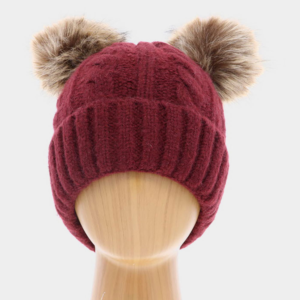 Wine Single Layered Two Pom Pom Cuffed Knit Beanie Hat 