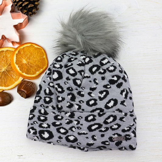 Gray Cheetah Print Double Layered Pom Pom Beanie Hat