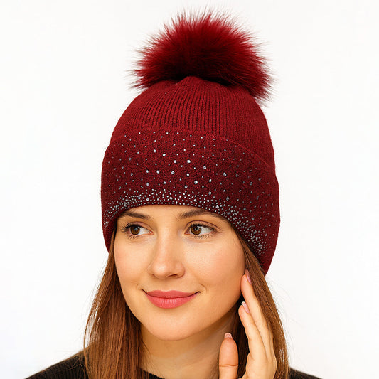 Madeline Love Burgundy Rhinestone Ribbed Knit Real Fur Pom Winter Beanie Hat - Hats