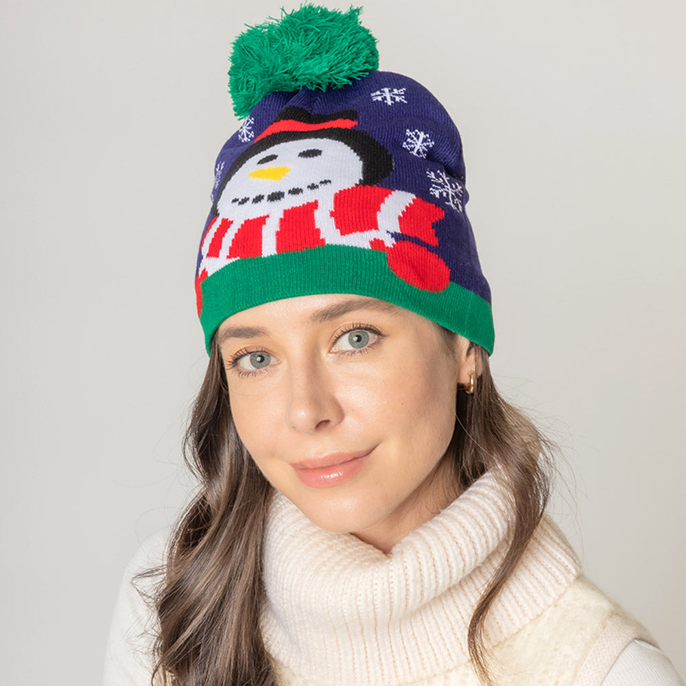 Navy Snowman Snowflake Pom Pom Beanie Hat