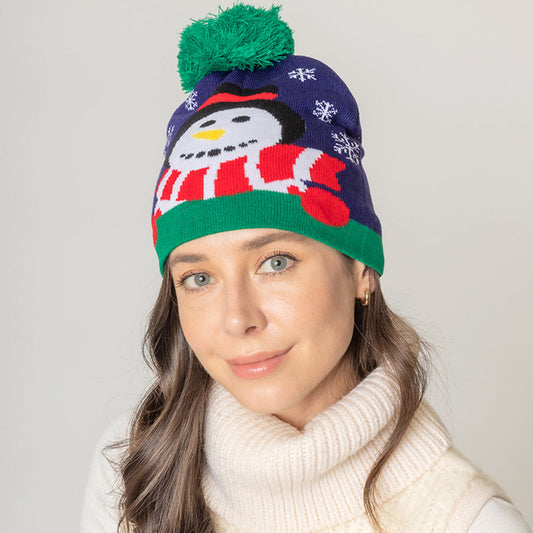 Navy Snowman Snowflake Pom Pom Beanie Hat