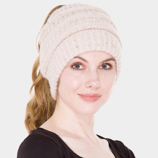 Beige Knit Ponytail Beanie Hat