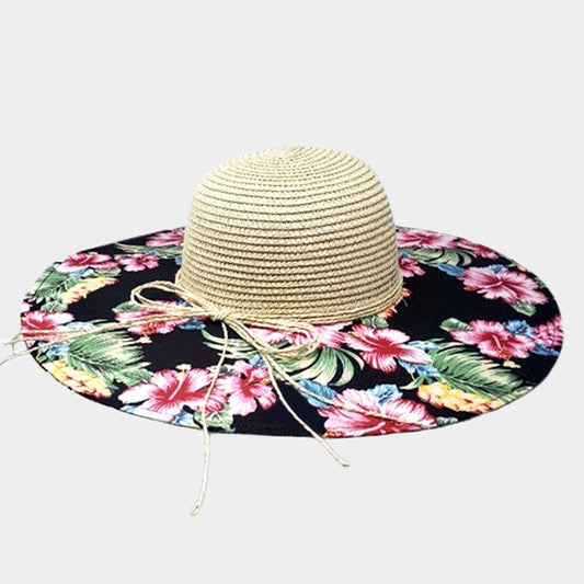Madeline Love Beige, Black Flower Leaf Patterned Straw Sun Hat - Hats