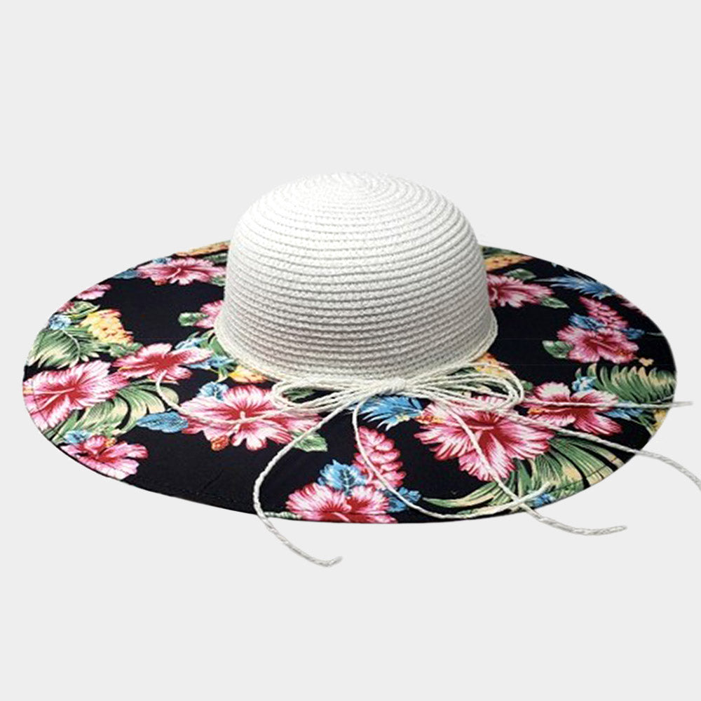 Madeline Love Black, White Flower Leaf Patterned Straw Sun Hat - Hats