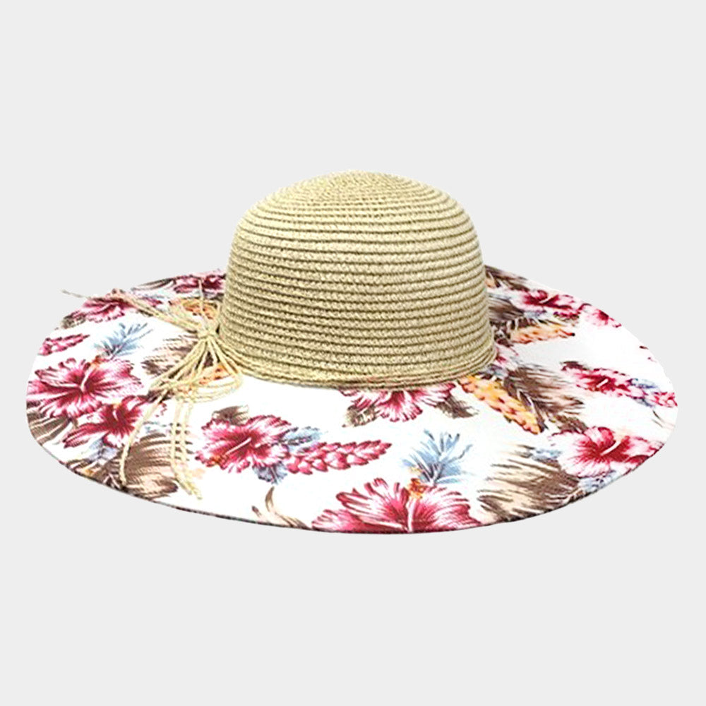 Madeline Love Beige, White Flower Leaf Patterned Straw Sun Hat - Hats