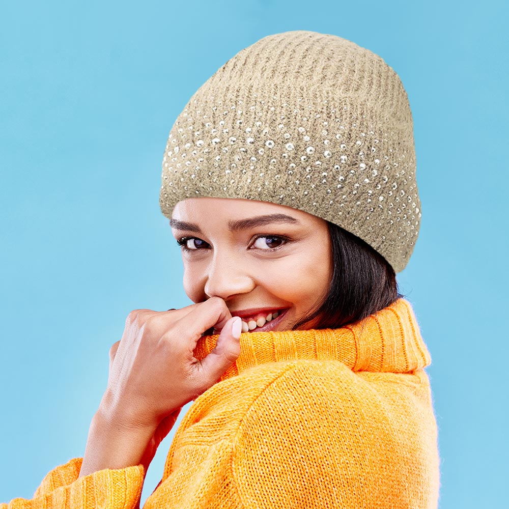 Beige Fleece Lining Rhinestone Embellished Beanie Hat 